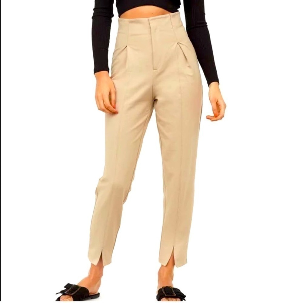 H&M High Waisted Pleated Split Hem Tan Pants